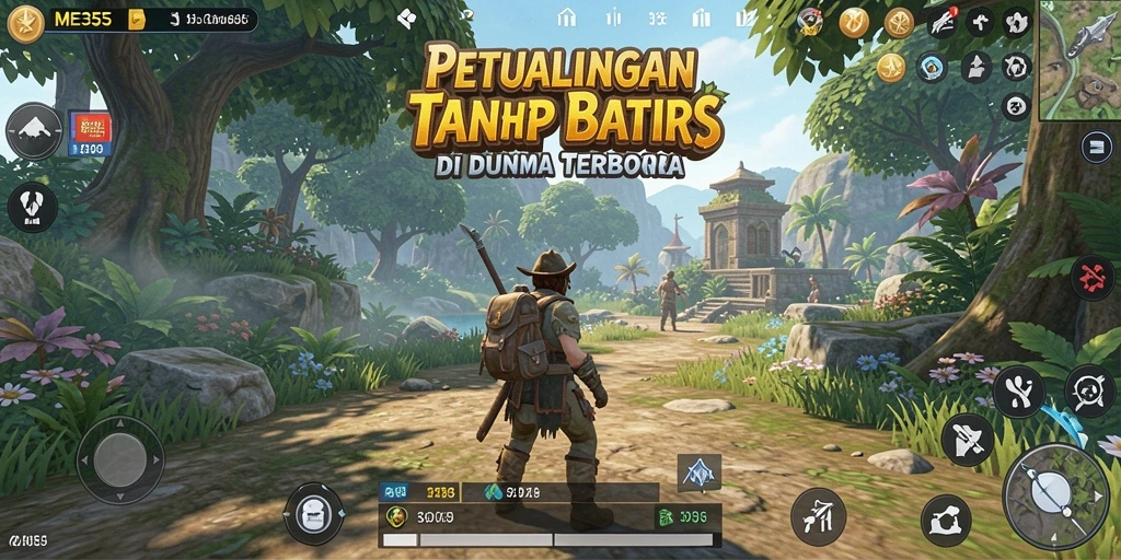Tangkapan layar gameplay ME355 menunjukkan petualangan di dunia terbuka yang luas.