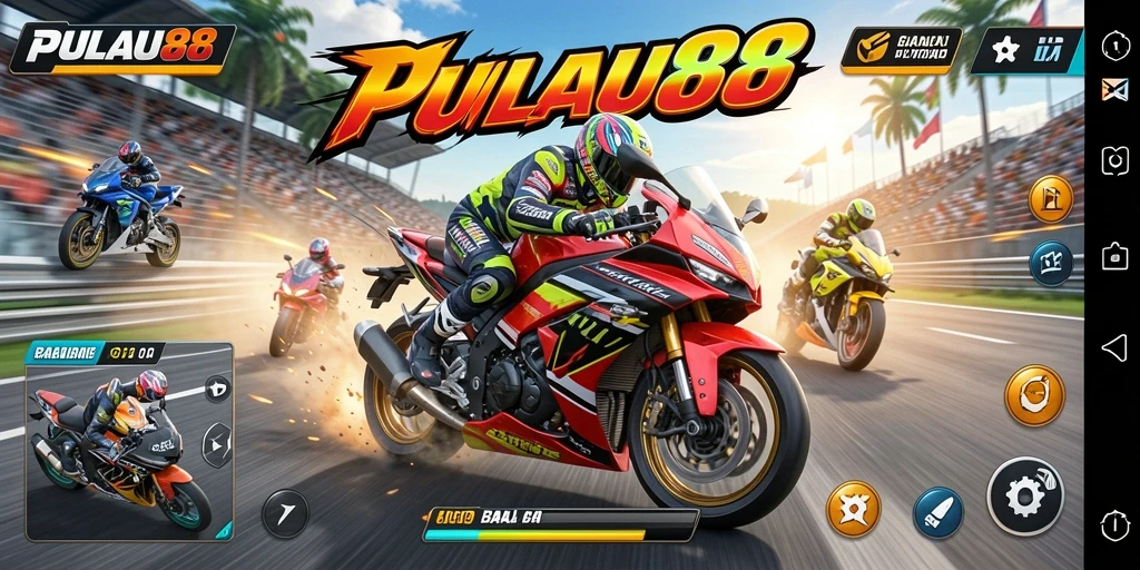 Screenshot gameplay PULAU88 yang menunjukkan balapan motor yang mendebarkan.