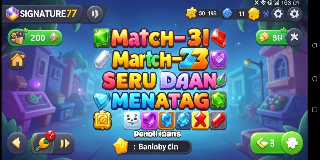 Gameplay SIGNATURE77 dengan kombinasi warna-warna cerah dan objek yang menarik.